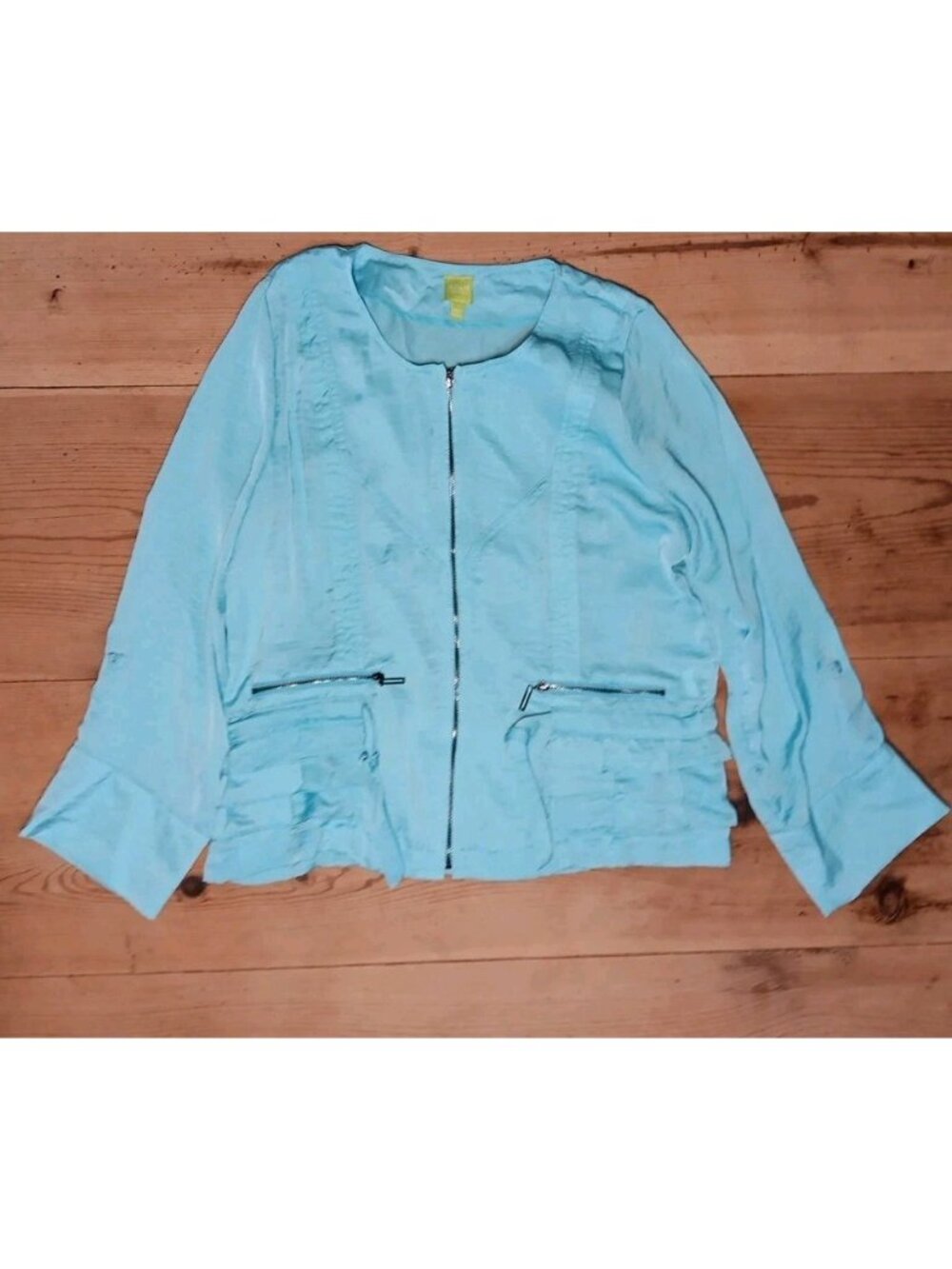 Adam Jacobs Womens L Full Zip Jacket Ruffles Aqua Lightweight Roll Tab Sleeves